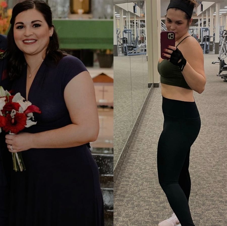 Liz before and after her weight loss: on the left in a navy dress at the start of her journey, on the right noticeably leaner in workout clothes at the gym