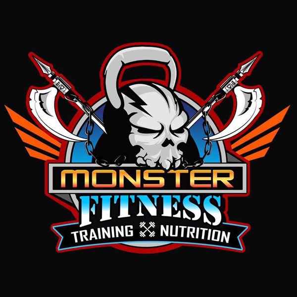 Monster Fitness Training and Nutrition logo: a skull on a kettlebell with crossed axes